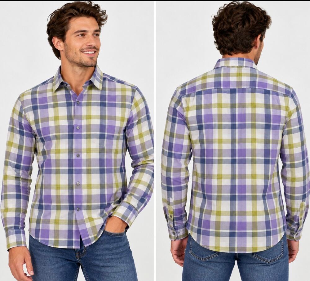 Hugo Boss Men’s Plaid Slim Fit Long Sleeve Shirt Purple Blue 100% Cotton